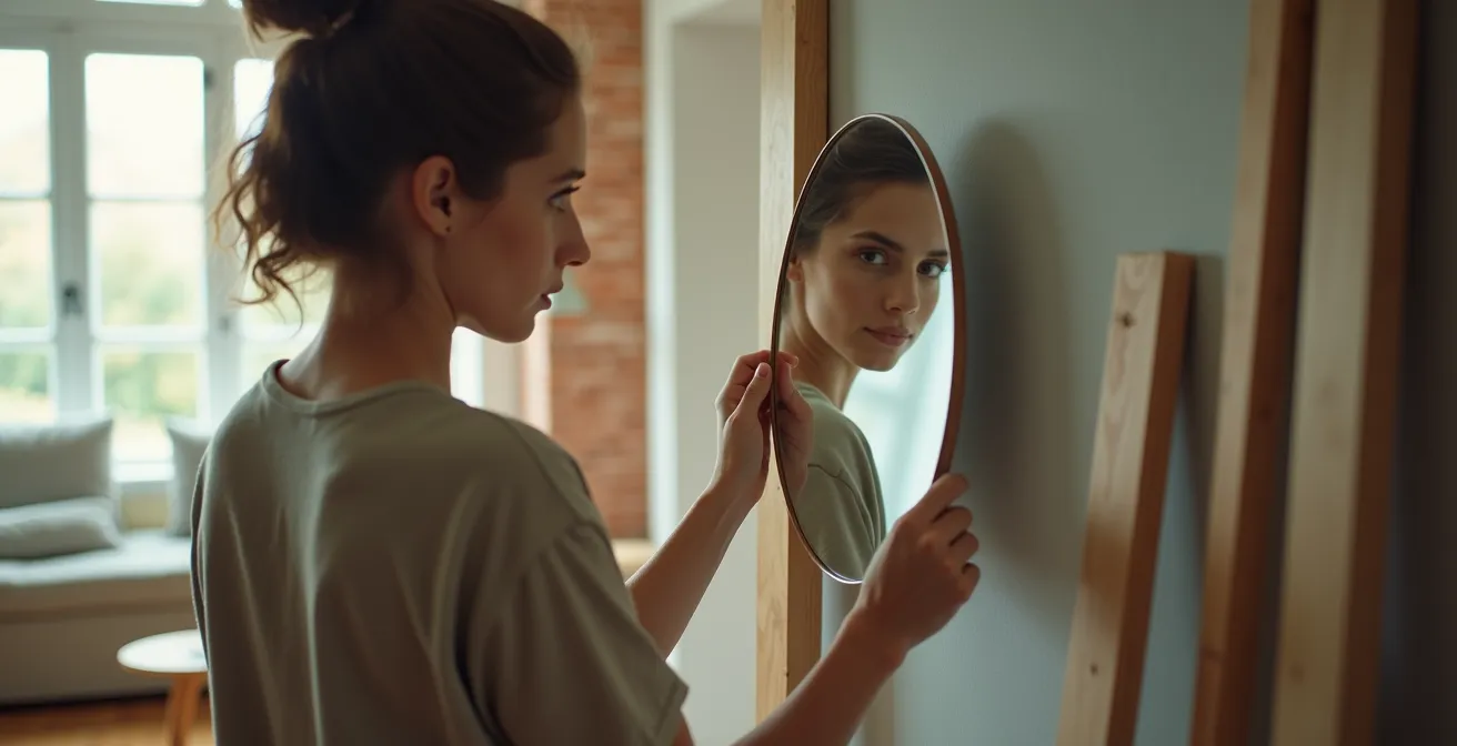 Person using mirror technique to identify sound reflection points on apartment wall for optimal acoustic panel placement