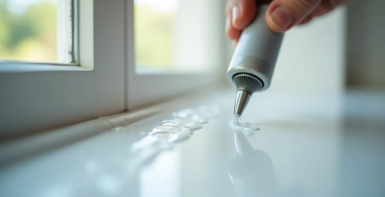 Extreme close-up of acoustic sealant being applied to window frame gap showing flexible seal formation