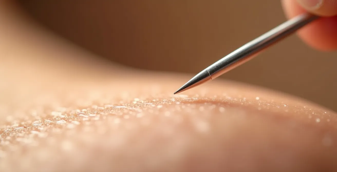 Extreme close-up of acupuncture needle insertion point showing skin response