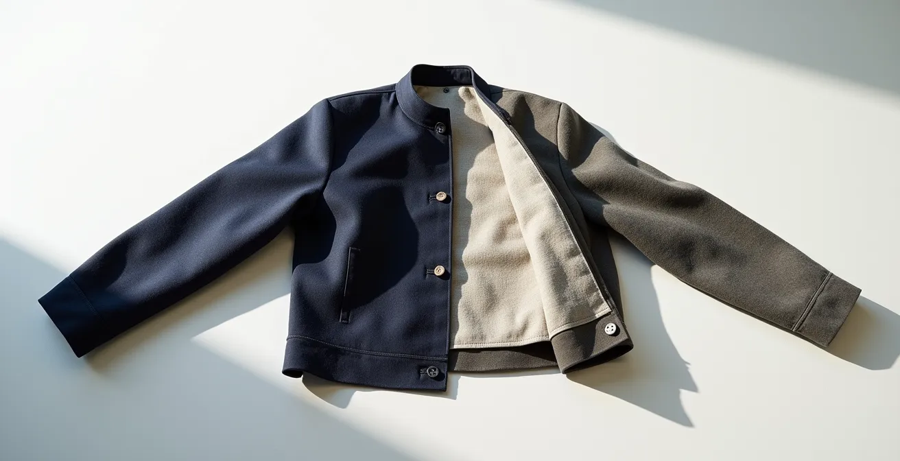 Cross-section view of jacket armhole showing reinforced seam construction