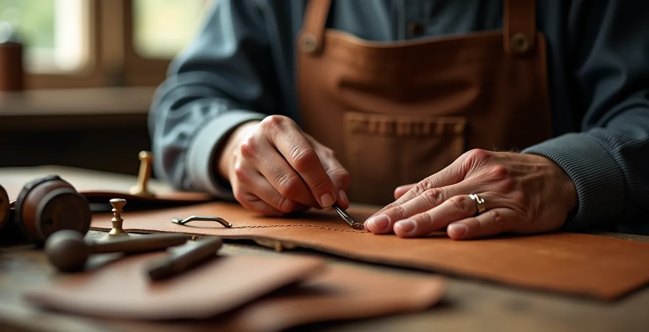 Close-up of hands working on leather with wage calculation elements