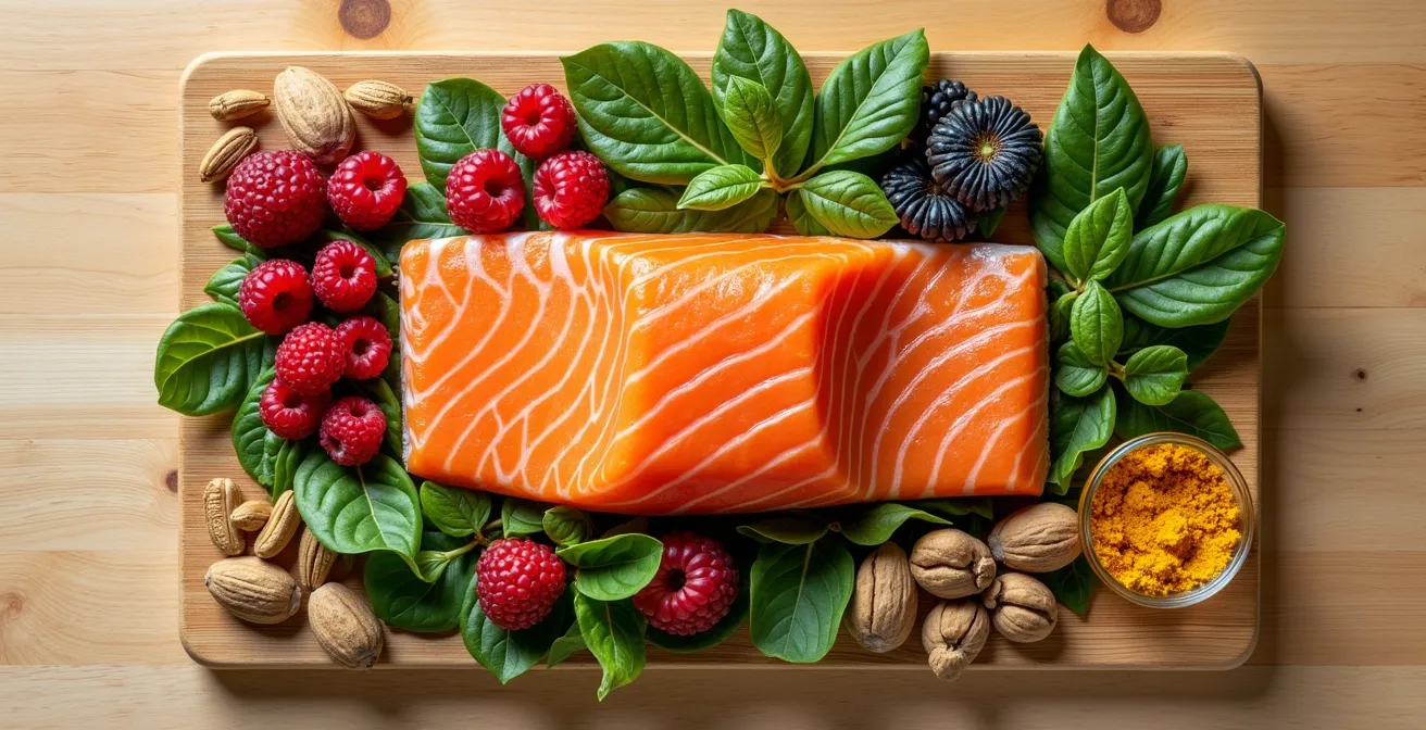 Overhead view of colorful anti-inflammatory foods arranged on wooden surface