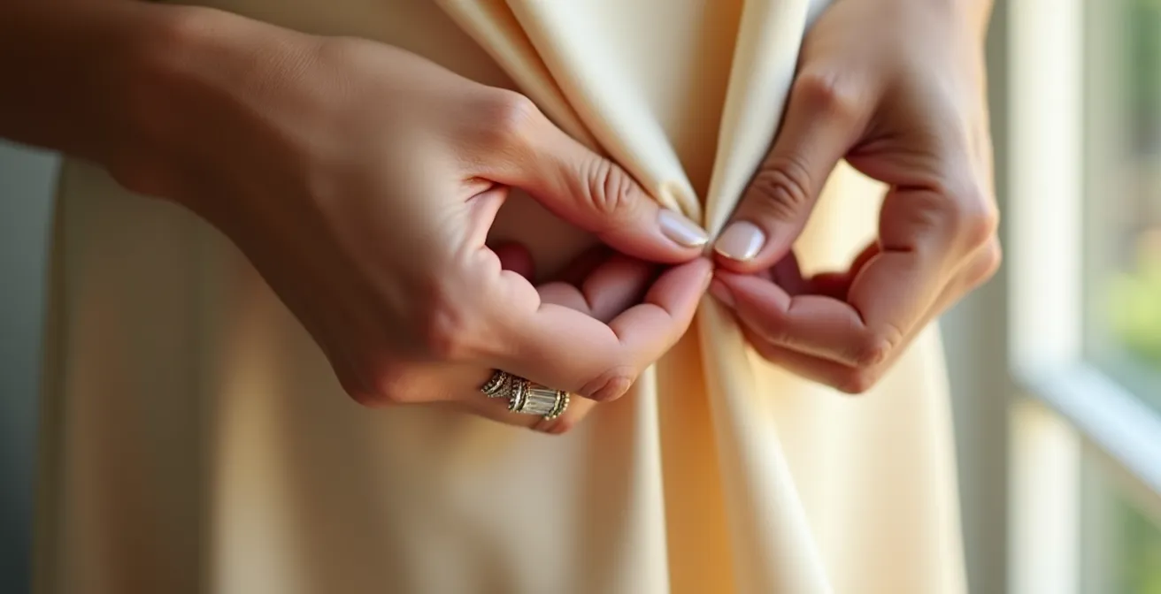 Close-up of bias-cut silk dress hem showing deep hand-rolled finish