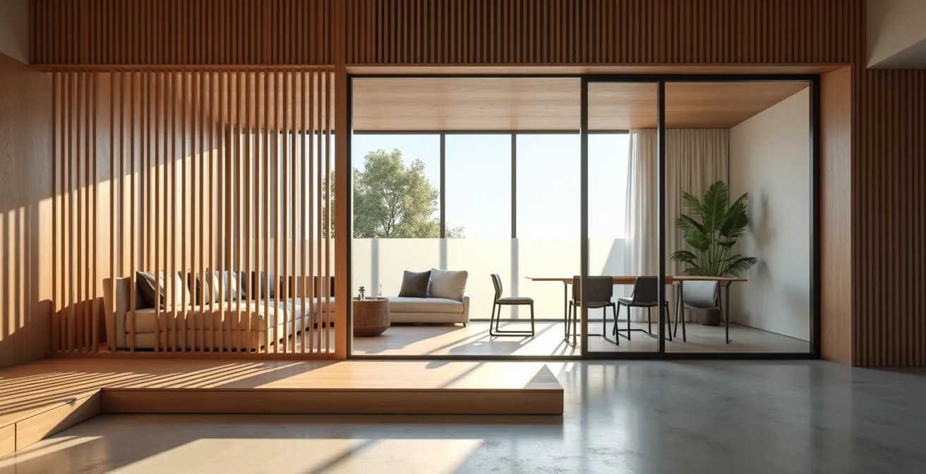 Interior showing a frosted glass partition and a slatted wood divider creating separate, acoustically private zones in an open-plan living area.