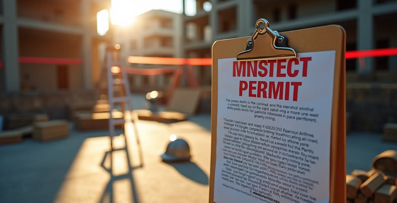 Construction site with inspector reviewing blueprints and permit documents on clipboard