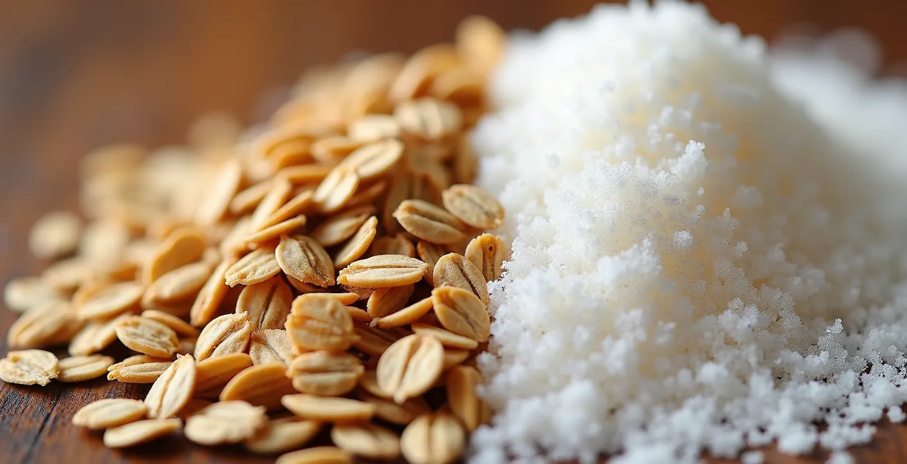 Macro photography showing texture contrast between whole grains and refined sugar crystals