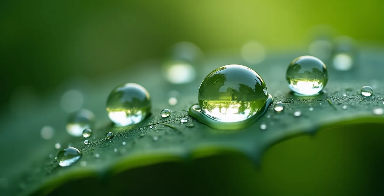 An abstract macro shot of water droplets on a leaf, each magnifying light to represent the compounding growth of customer retention.