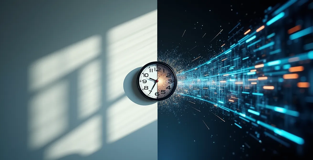Split composition showing calm strategic planning versus hectic operational monitoring