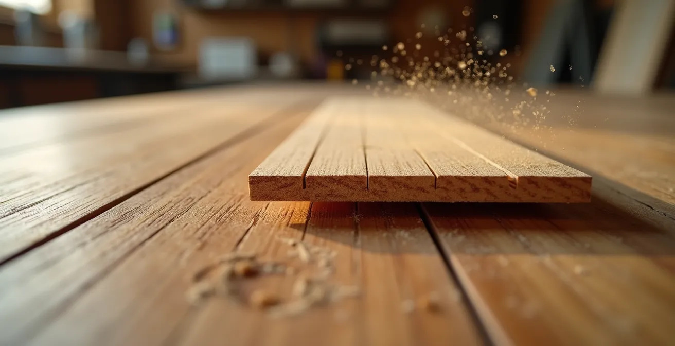 Cross-section showing sanding depth limits for engineered versus solid hardwood