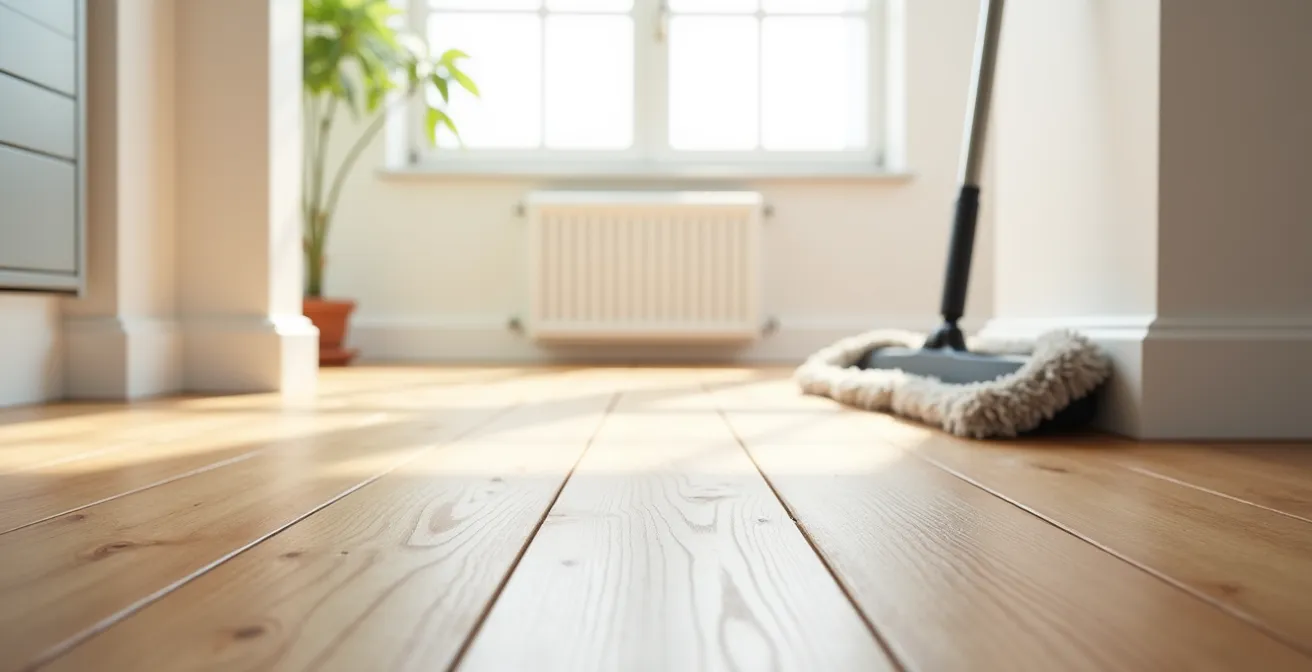 Close-up view of cupped hardwood flooring showing moisture damage