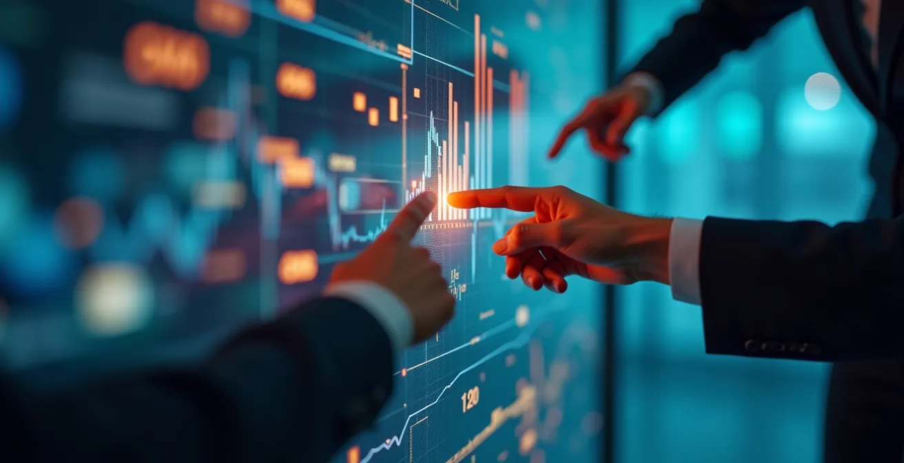 DevOps team reviewing metrics together on large wall display