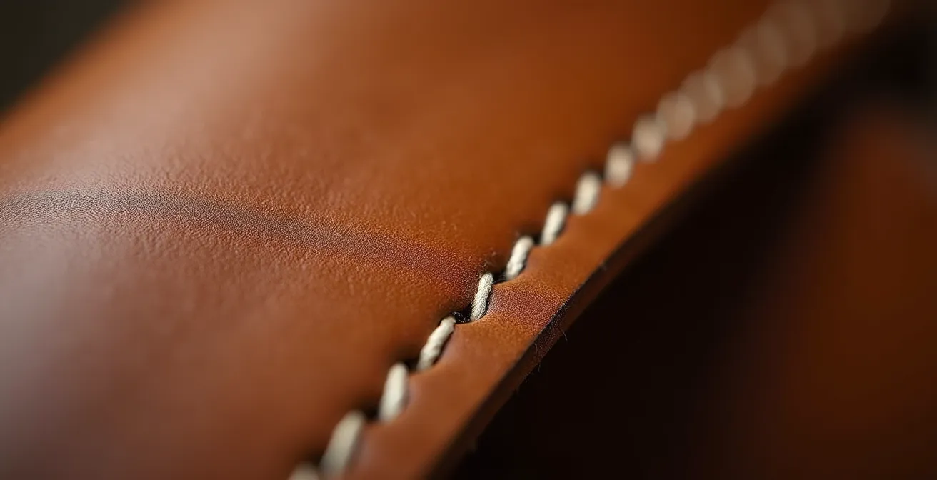 Macro shot of hand-stitched leather detail showing craftsmanship