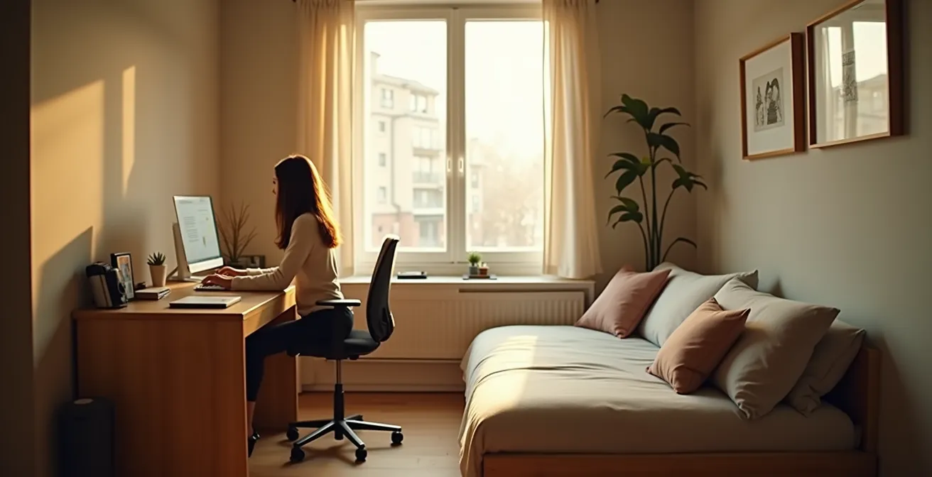 Split view showing a person comfortably working at a desk in an L-shaped room configuration, with a daybed on the adjacent wall, showcasing zero interference between the office and guest functions.