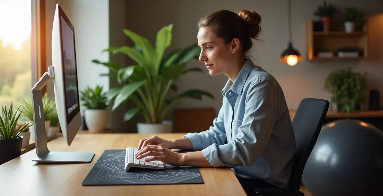 Ergonomic home office setup with multiple posture options for reducing physical stress