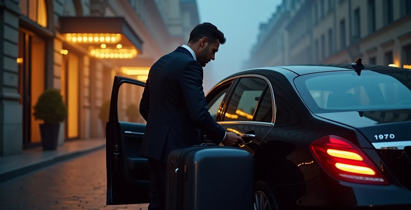 Professional driver loading luggage into a luxury vehicle at dawn outside a European hotel