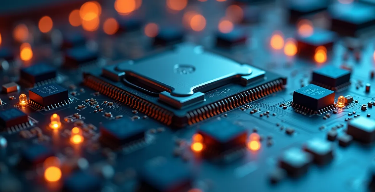 Close-up macro shot of edge computing device circuit board with subtle LED indicators