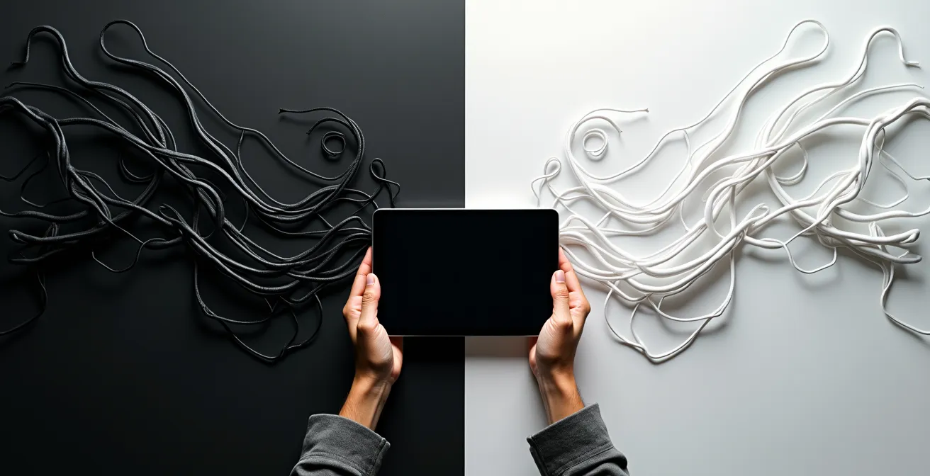 A designer at a crossroads between two paths, one dark and twisted representing dark patterns, and one bright and clear representing ethical design.