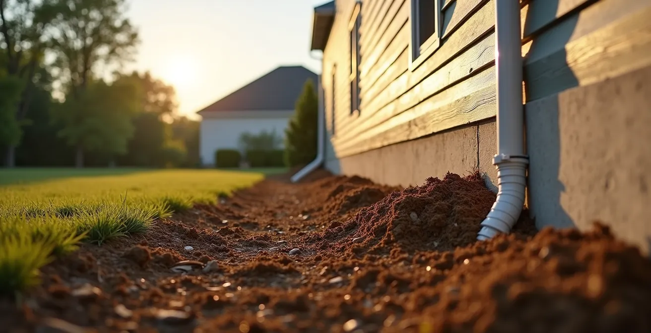 Wide angle view of home exterior showing negative grading and downspout placement issues