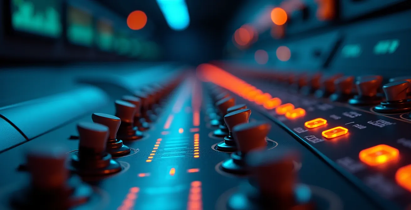 Developer adjusting digital switches representing feature flags in a control room environment