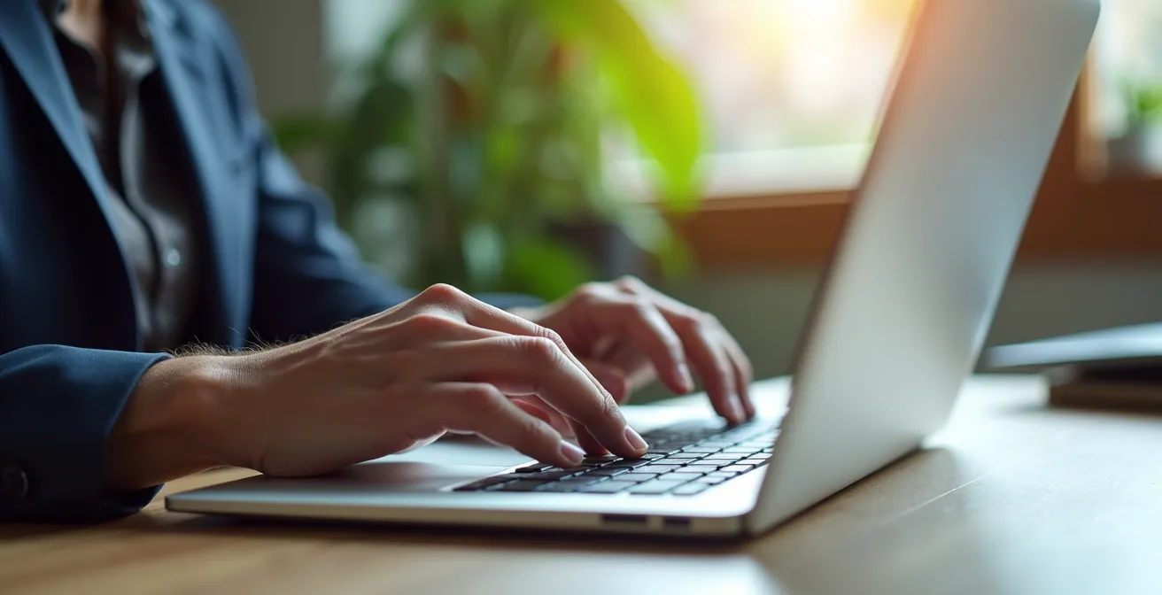 A user's hands confidently navigating a laptop trackpad, symbolizing a seamless and satisfying product onboarding journey.