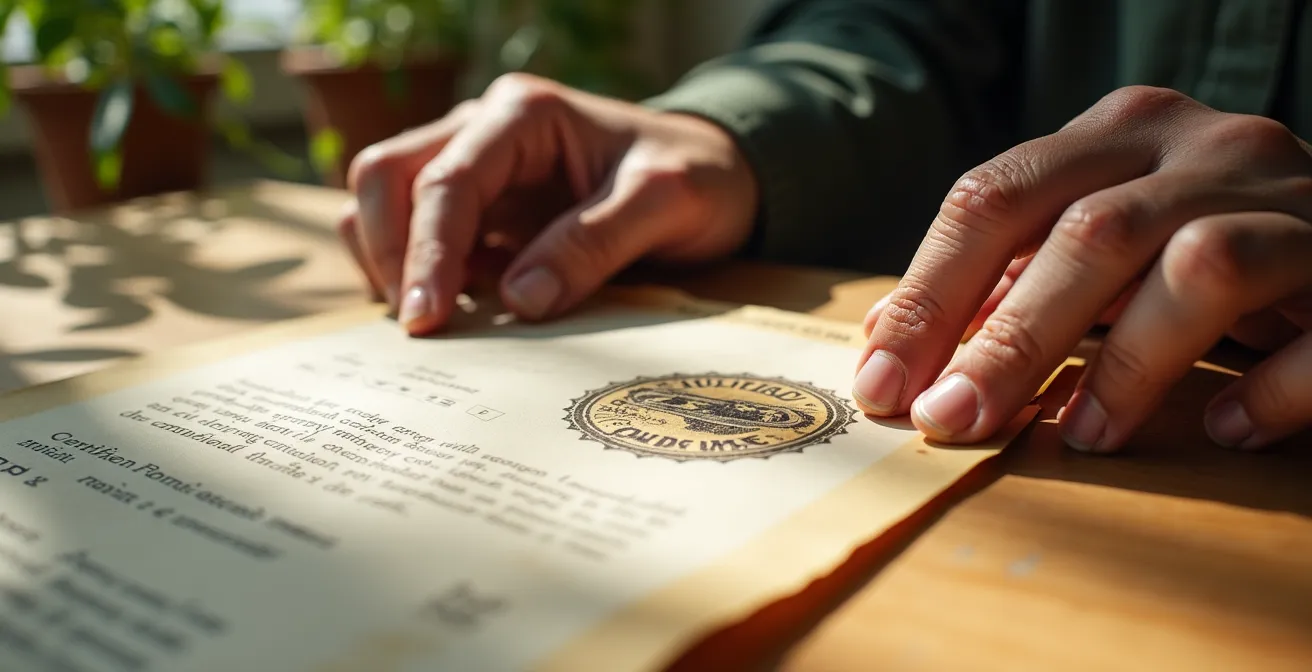 Close-up macro shot of hands examining certification documents with natural lighting