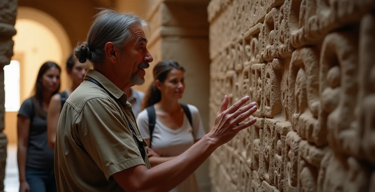 Expert guide examining ancient carved details with small engaged group