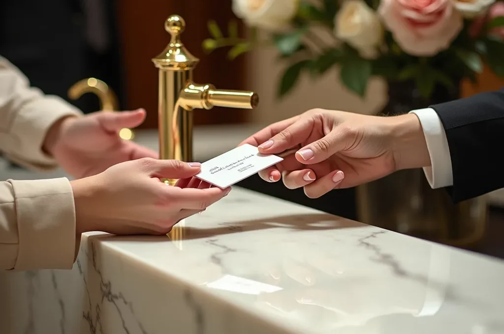 Professional hotel staff at guest relations desk in elegant lobby setting