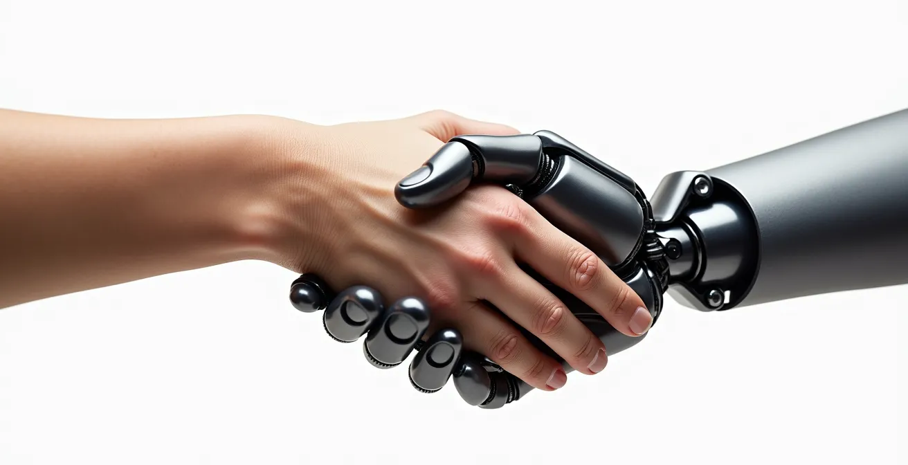 Split-screen composition showing AI chatbot interface transitioning smoothly to human agent interaction