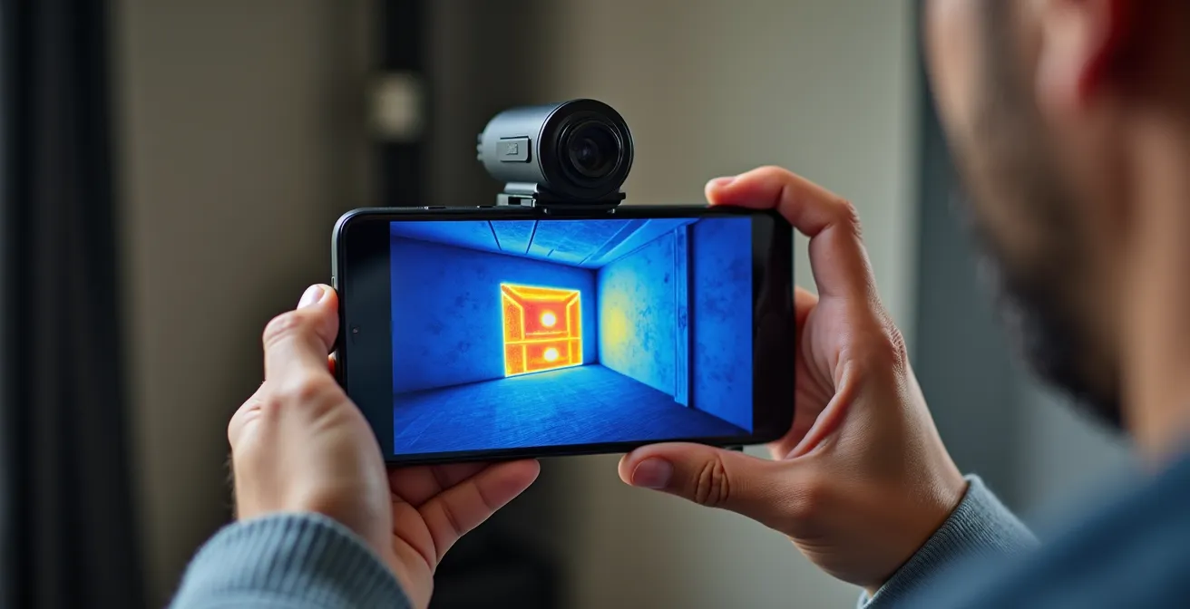 Homeowner using smartphone infrared camera attachment to detect thermal bridges in interior wall