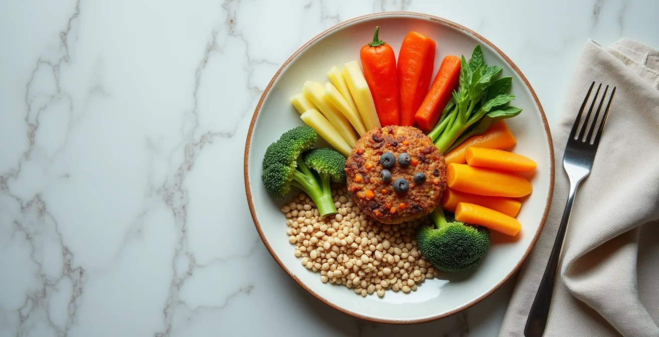 Overhead view of a balanced meal on a round plate showing natural portion control without measuring tools