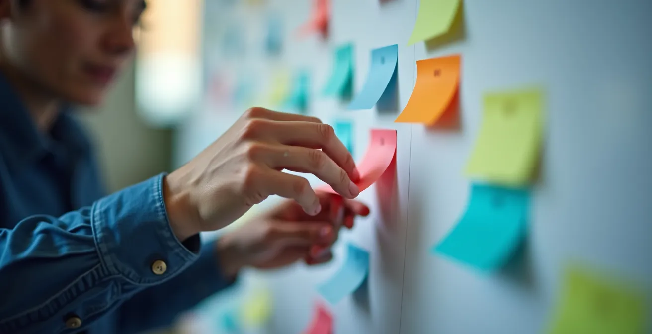 Support team member adjusting cards on physical Kanban board
