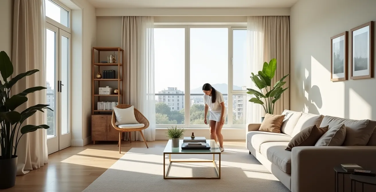 Professionally staged living room with strategic furniture placement and natural light