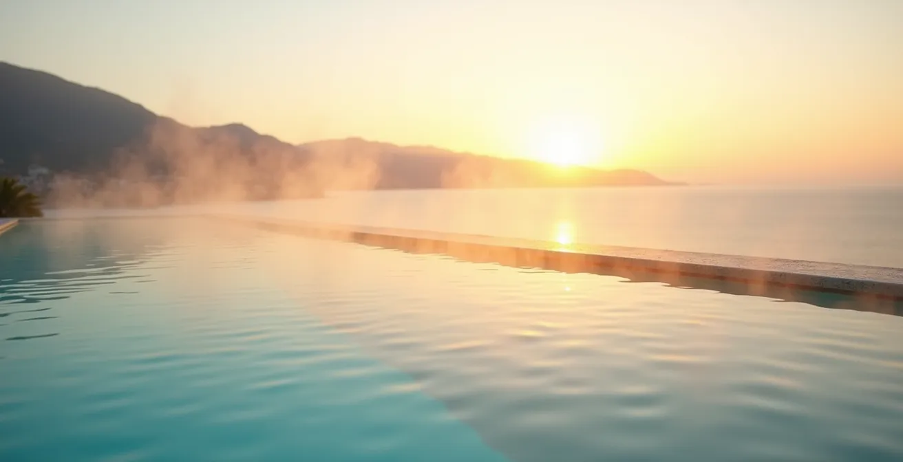 Temperature-controlled infinity pool at luxury resort with steam rising in morning light