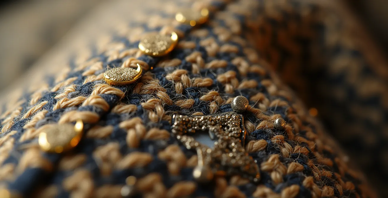 Extreme close-up of hand stitching on vintage Chanel tweed showing thread texture and tension variations