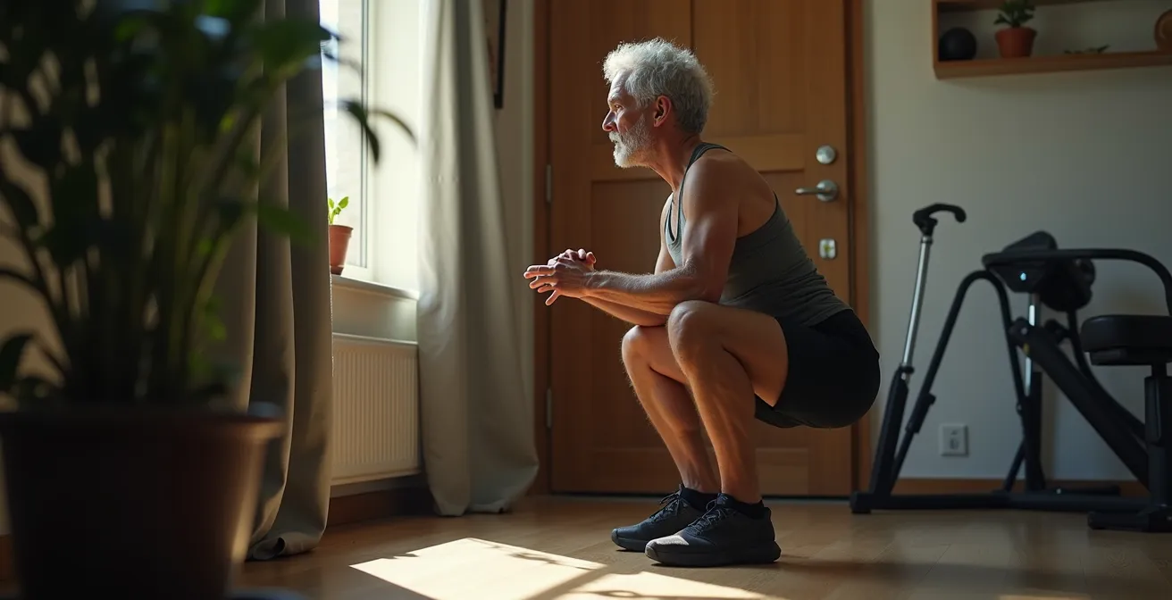 Person over 40 performing controlled eccentric movement with focus on form