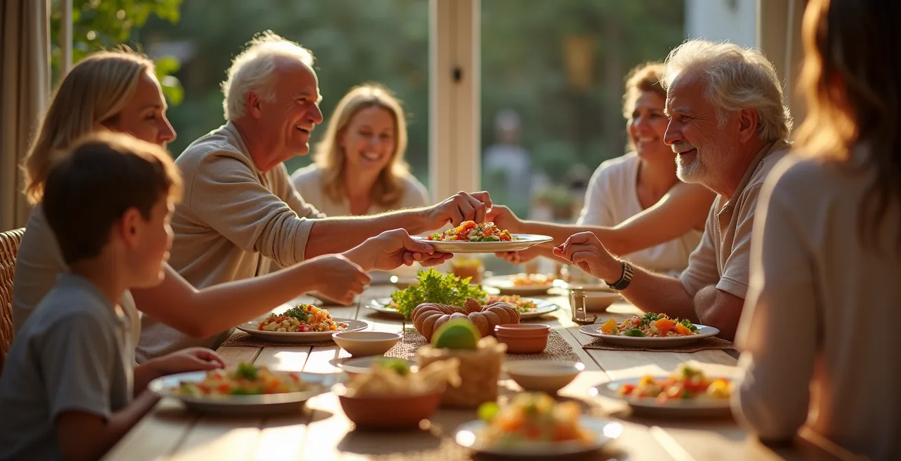 Traditional Mediterranean lunch spread showing cultural dining rhythm