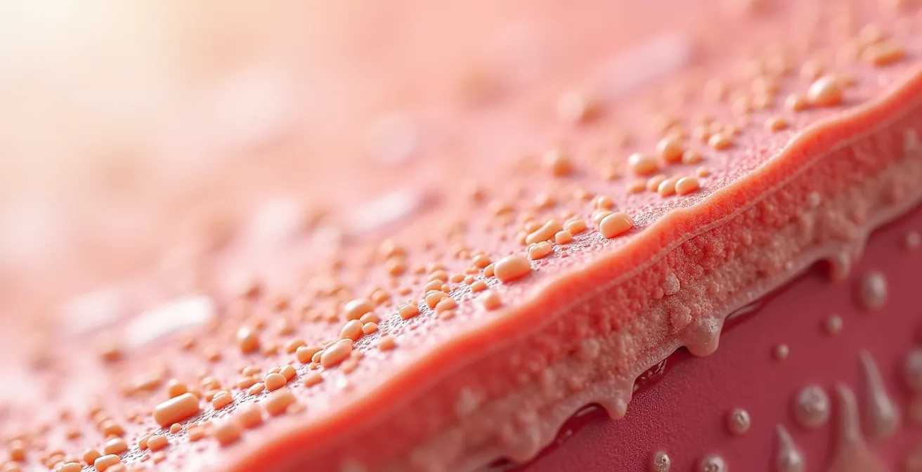 Extreme close-up of skin surface showing needle depth penetration layers
