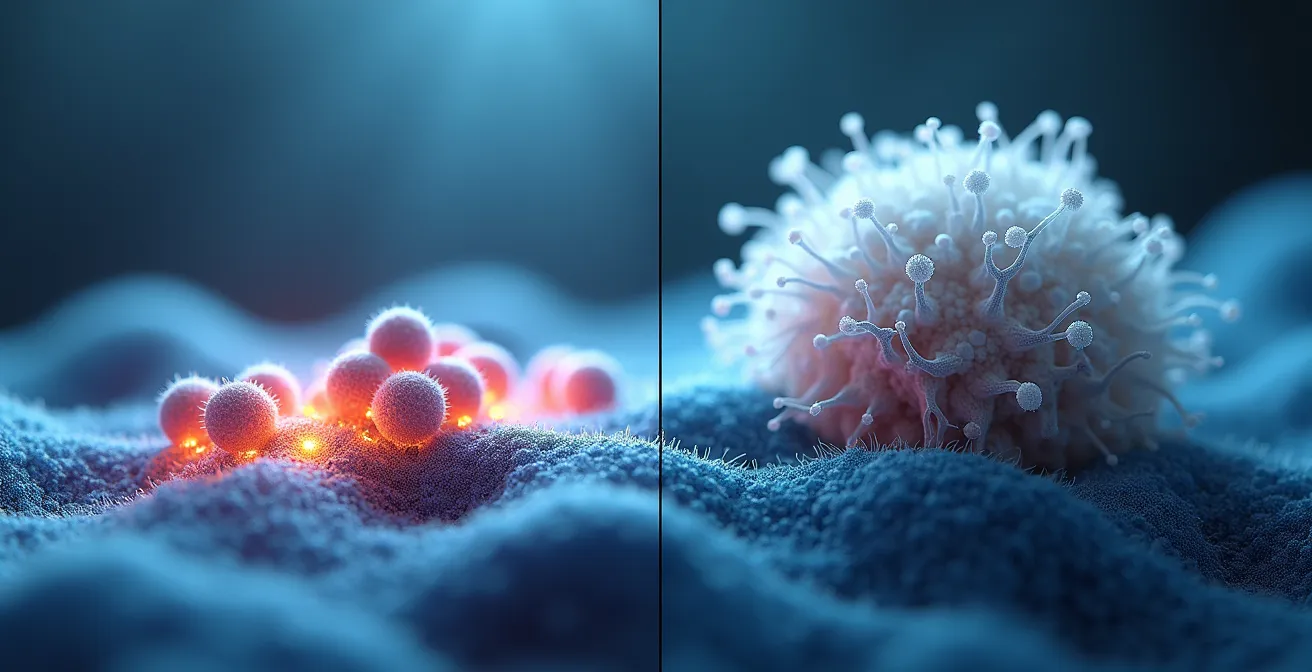 Microscopic view comparing bacterial growth on polyester versus wool fibers