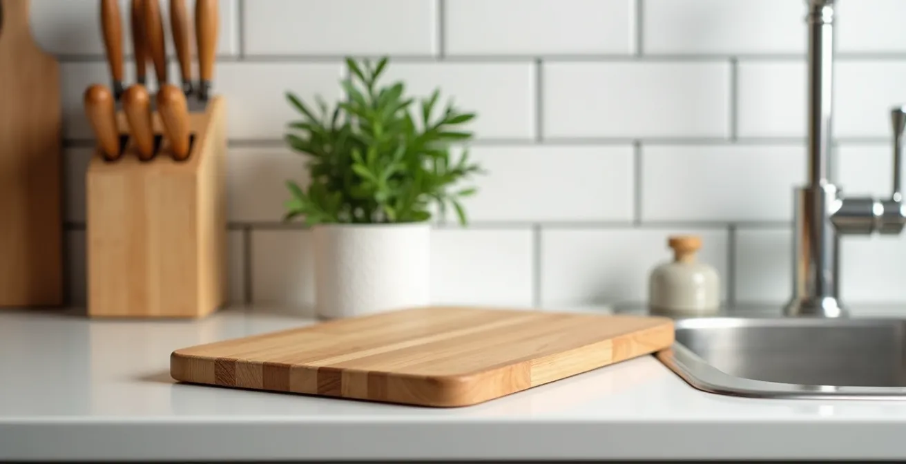 A clean minimalist kitchen with organized activity zones, clear counters, and strategic storage solutions
