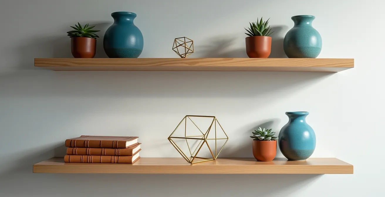 Styled open shelving with strategic negative space, blue accent objects, and natural wood displaying curated items for visual calm