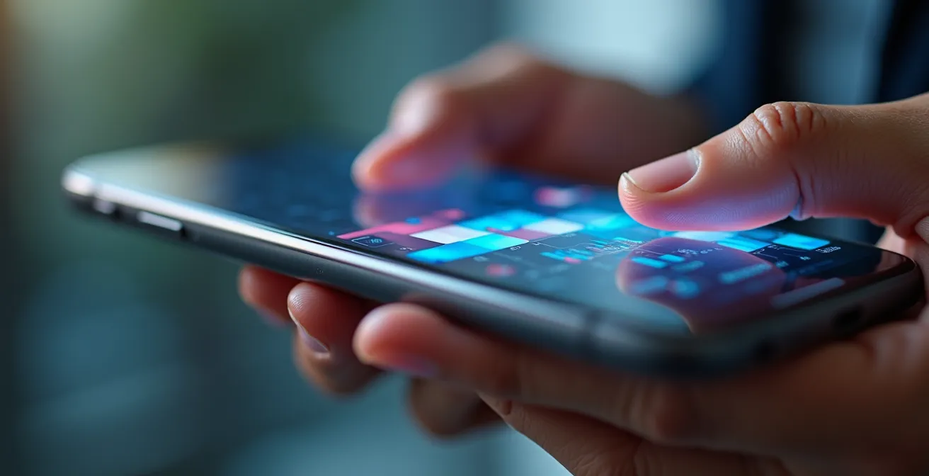 Close-up of hands holding smartphone showing clean mobile dashboard interface