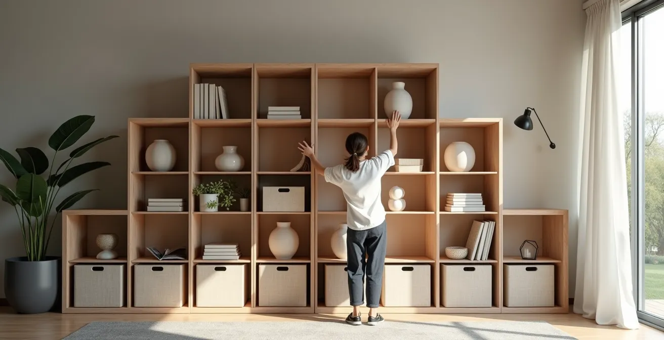 Modular shelving units being reconfigured from wall storage to open room divider