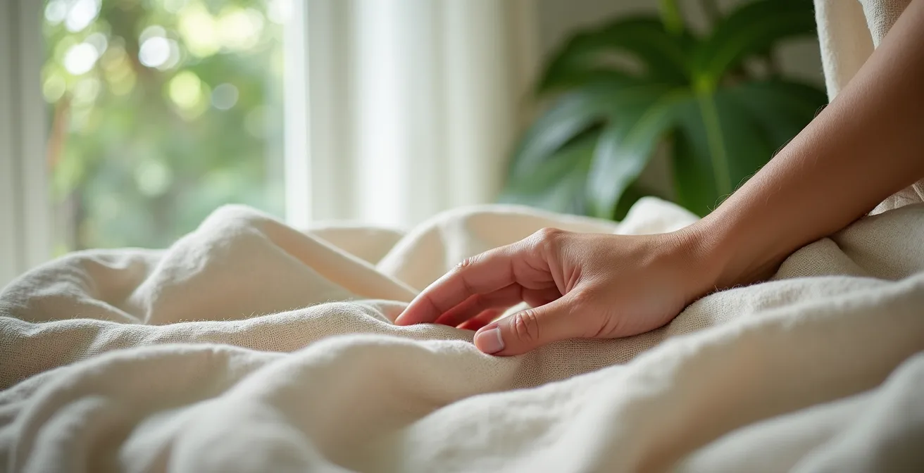 Detailed view of linen fabric texture showing natural fiber structure and airflow patterns