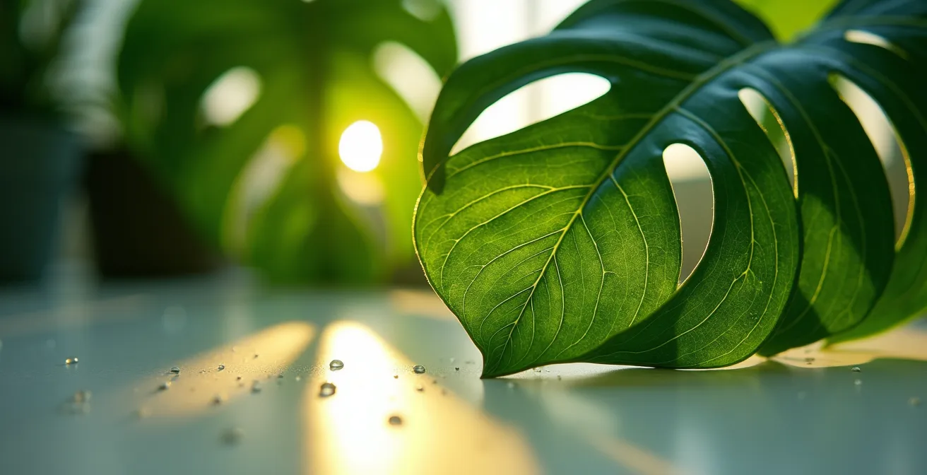 Macro shot of plant leaves with light filtering through, creating patterns of shadow and highlighting natural textures for visual restoration