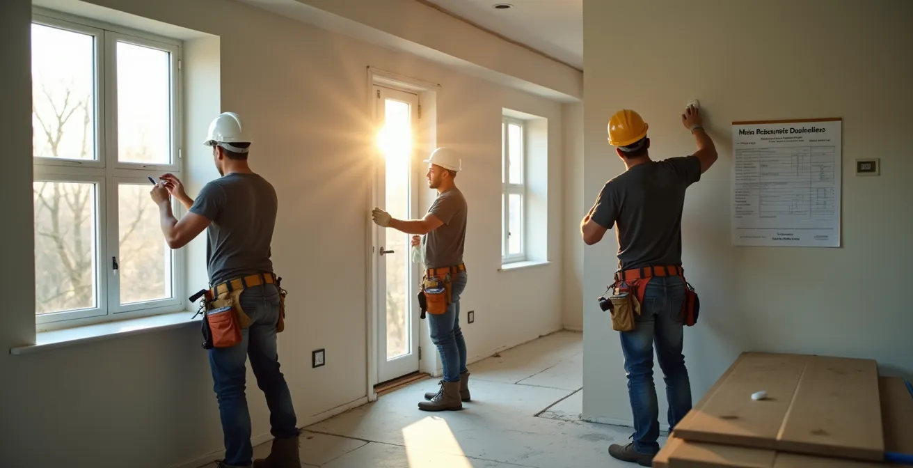 Overhead view of active renovation site showing multiple contractors working simultaneously on different areas