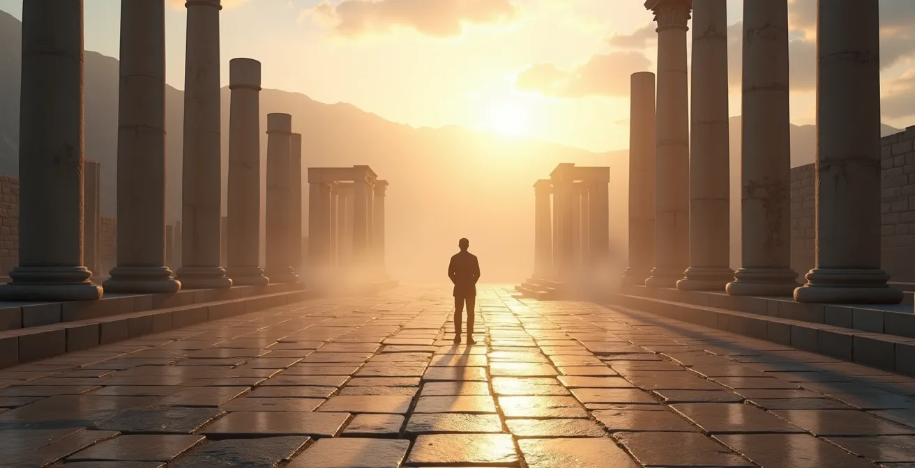 Solitary visitor experiencing archaeological site at sunrise with dramatic shadows