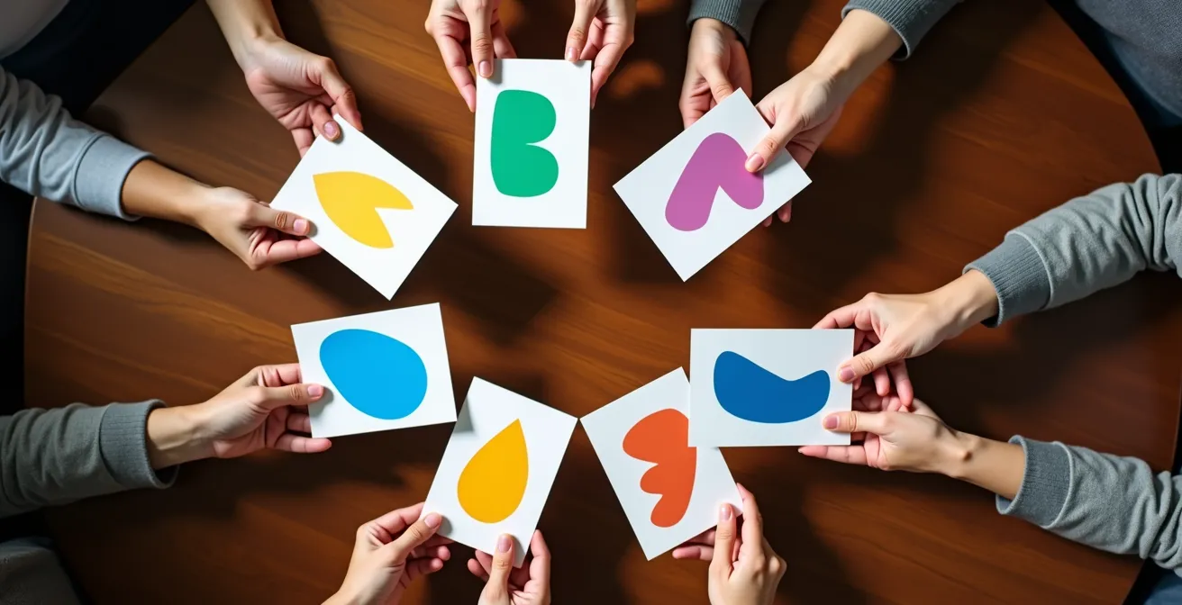 Development team members holding up planning poker cards during estimation session