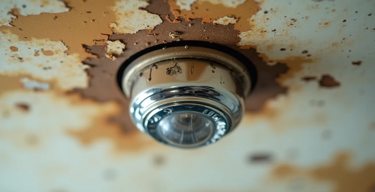 Extreme close-up of new chrome fixture attached to old stained mounting surface