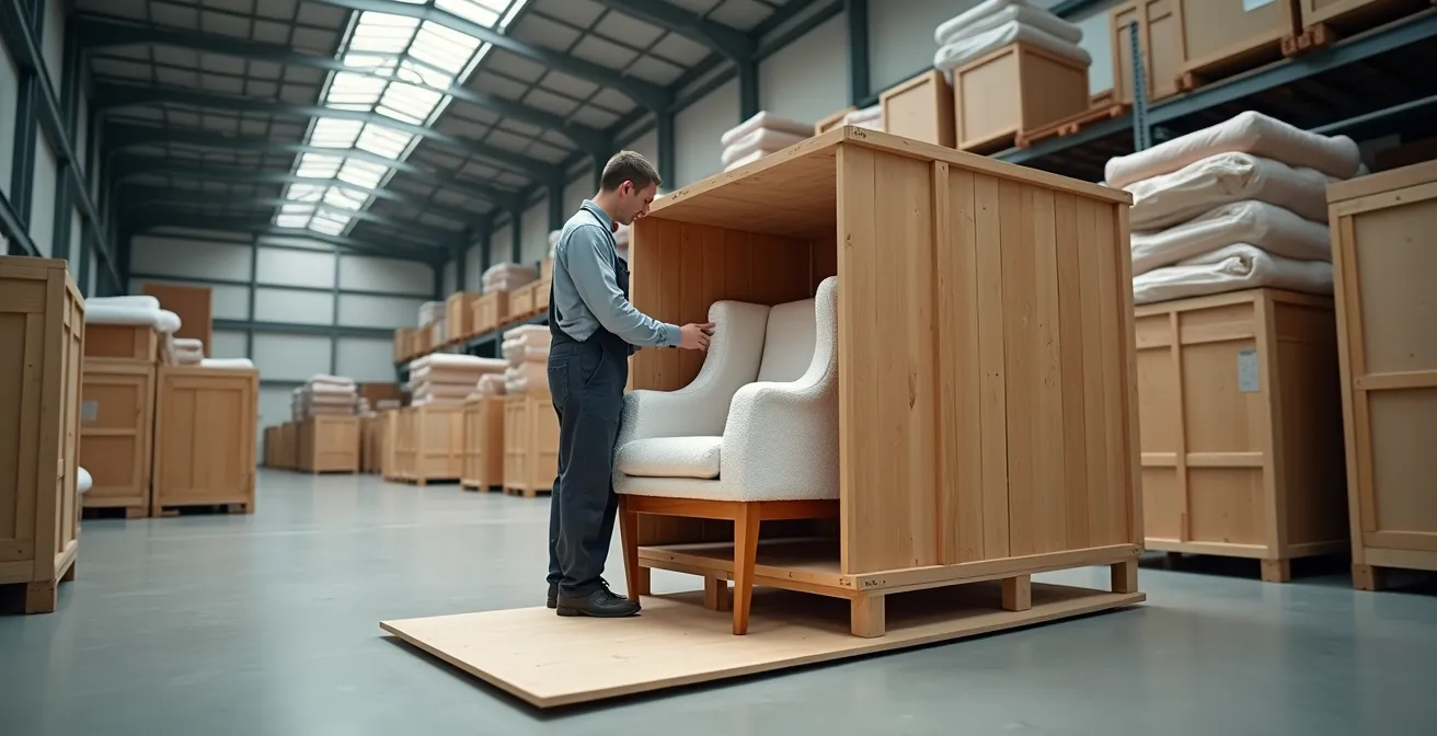 Wide shot of furniture being professionally packed in custom wooden crate with protective materials