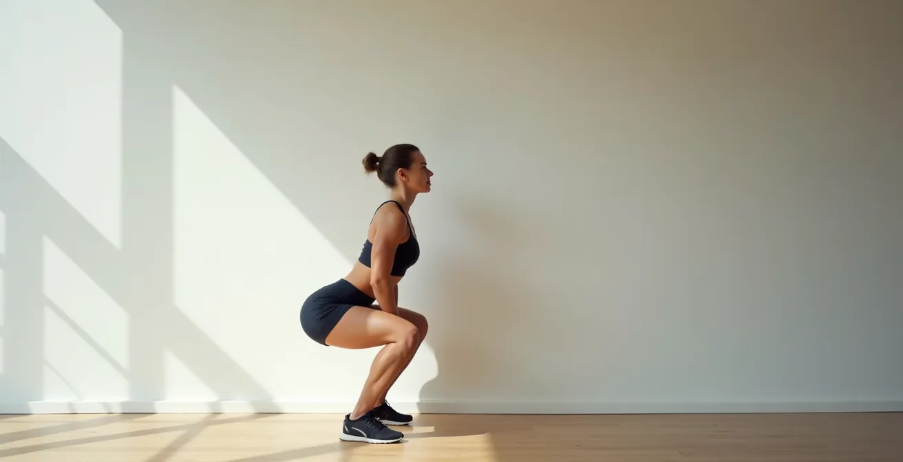 Demonstration of correct squat form focusing on knee alignment and hip hinge